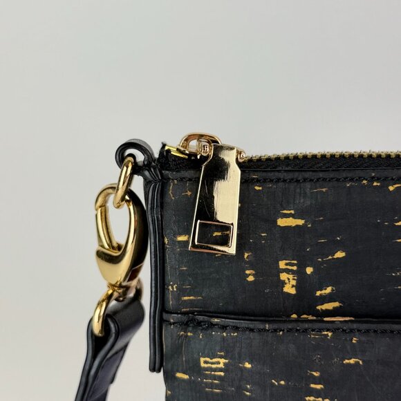 QUEORK Black Cork Crossbody Bag with Gold Flecks, Vegan Leather, Striped Lining - Picture 4 of 11